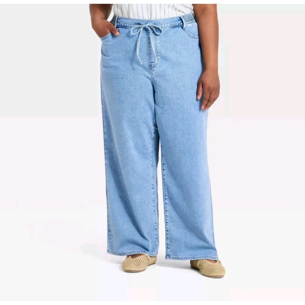 Women's Ava & Viv High Rise Tie Front Straight Leg Beach Jeans Light Wash 18